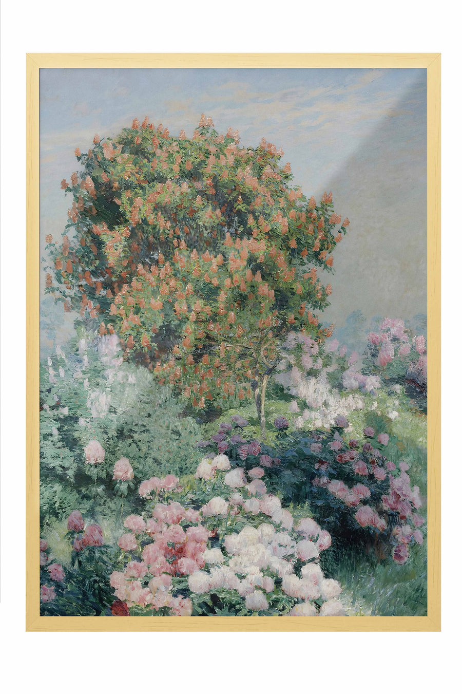 Çiçekli Bahçe ve Ağaç Manzarası Vintage Poster – Bej Çerçeveli Tablo