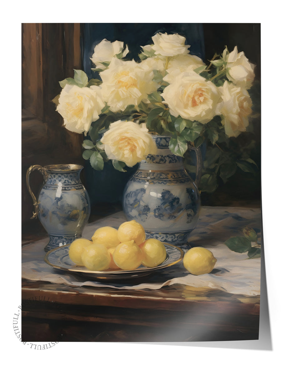 Sarı Güller ve Limonlar Vintage Çerçevesiz Poster
