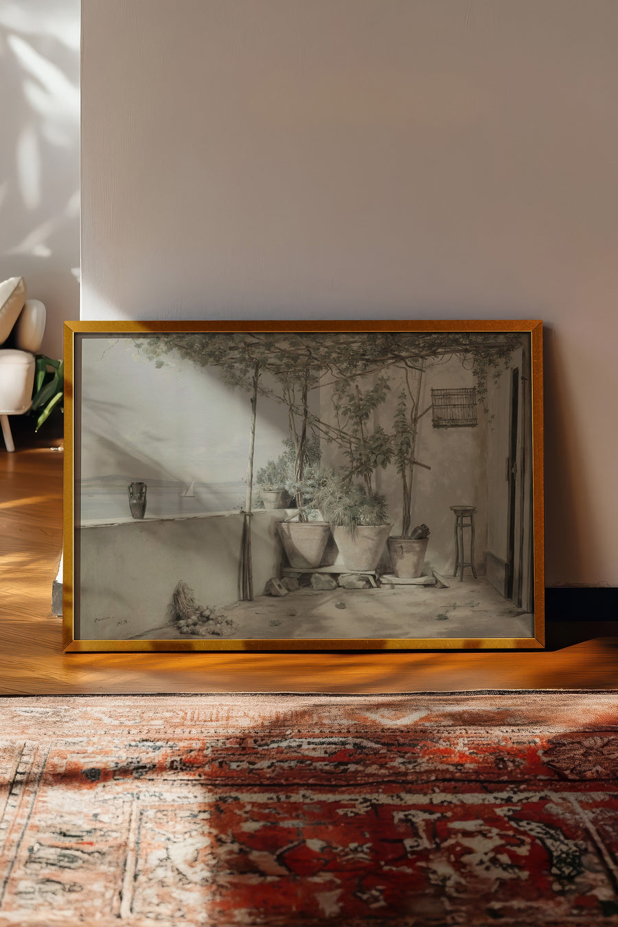 Balkondaki Bitkiler ve Deniz Manzarası Vintage Poster – Gold Çerçeveli Tablo