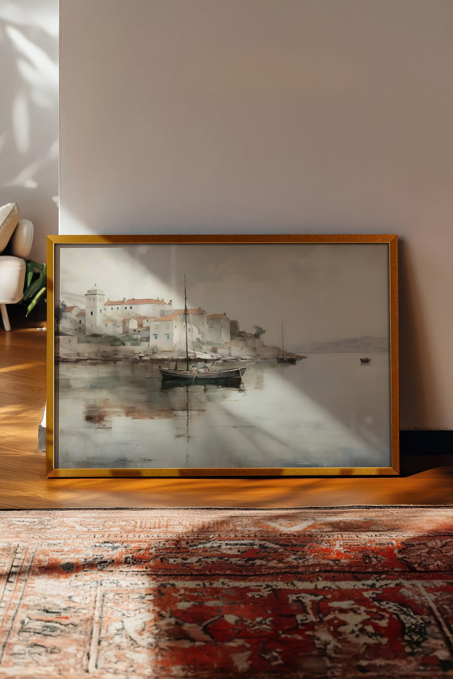 Sahil Kasabası Manzarası Vintage Poster – Gold Çerçeveli Tablo