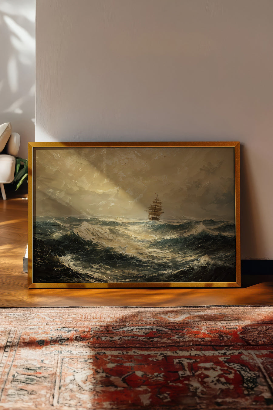 Fırtınalı Deniz ve Yelkenli Vintage Poster – Gold Çerçeveli Tablo