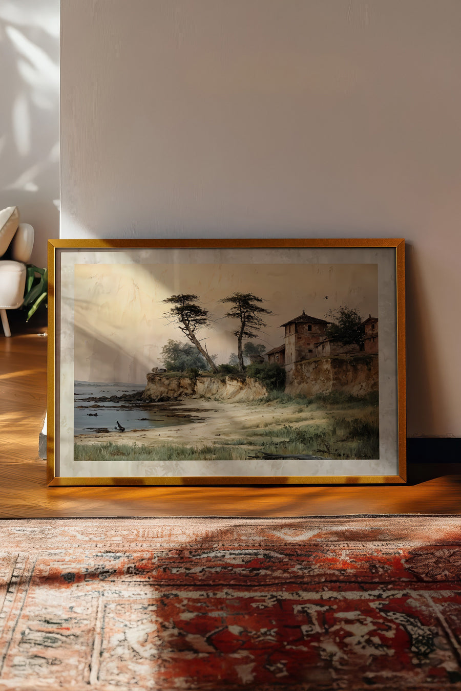 Kıyıdaki Eski Yapılar Vintage Poster – Gold Çerçeveli Tablo