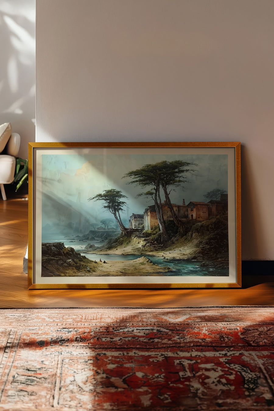 Farklı Tonlarda Kıyı Manzarası Vintage Poster – Gold Çerçeveli Tablo