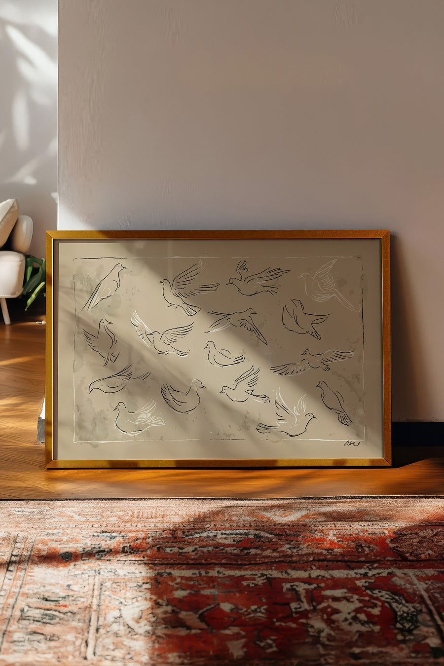 Uçan Kuşlar Deseni Vintage Poster – Gold Çerçeveli Tablo