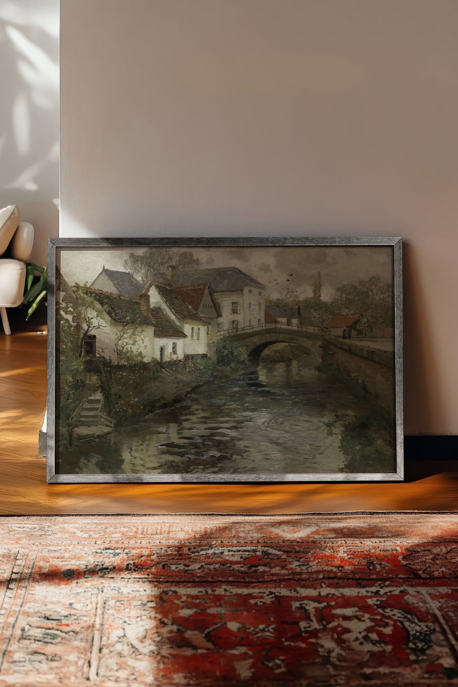 Kanal, Köprü ve Köy Evleri Vintage Poster – Gümüş Çerçeveli Tablo
