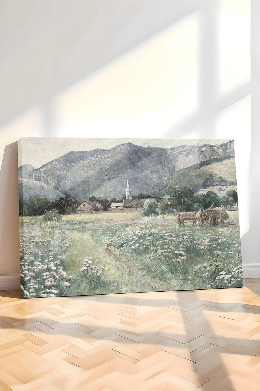 Dağ Köyü ve Çayır Vintage Kanvas Tablo