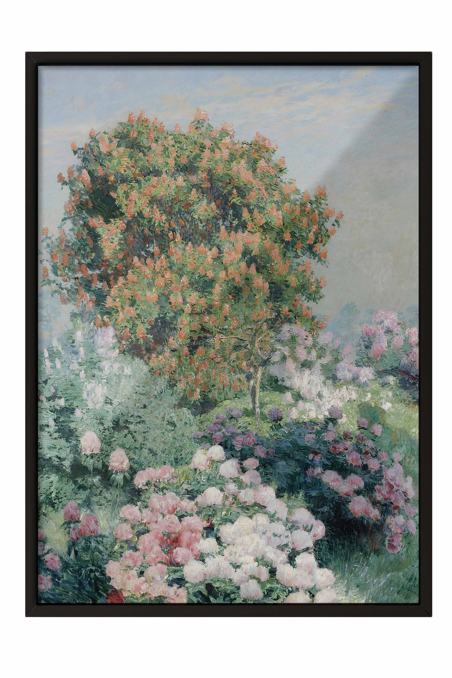 Çiçekli Bahçe ve Ağaç Manzarası Vintage Poster – Siyah Çerçeveli Tablo