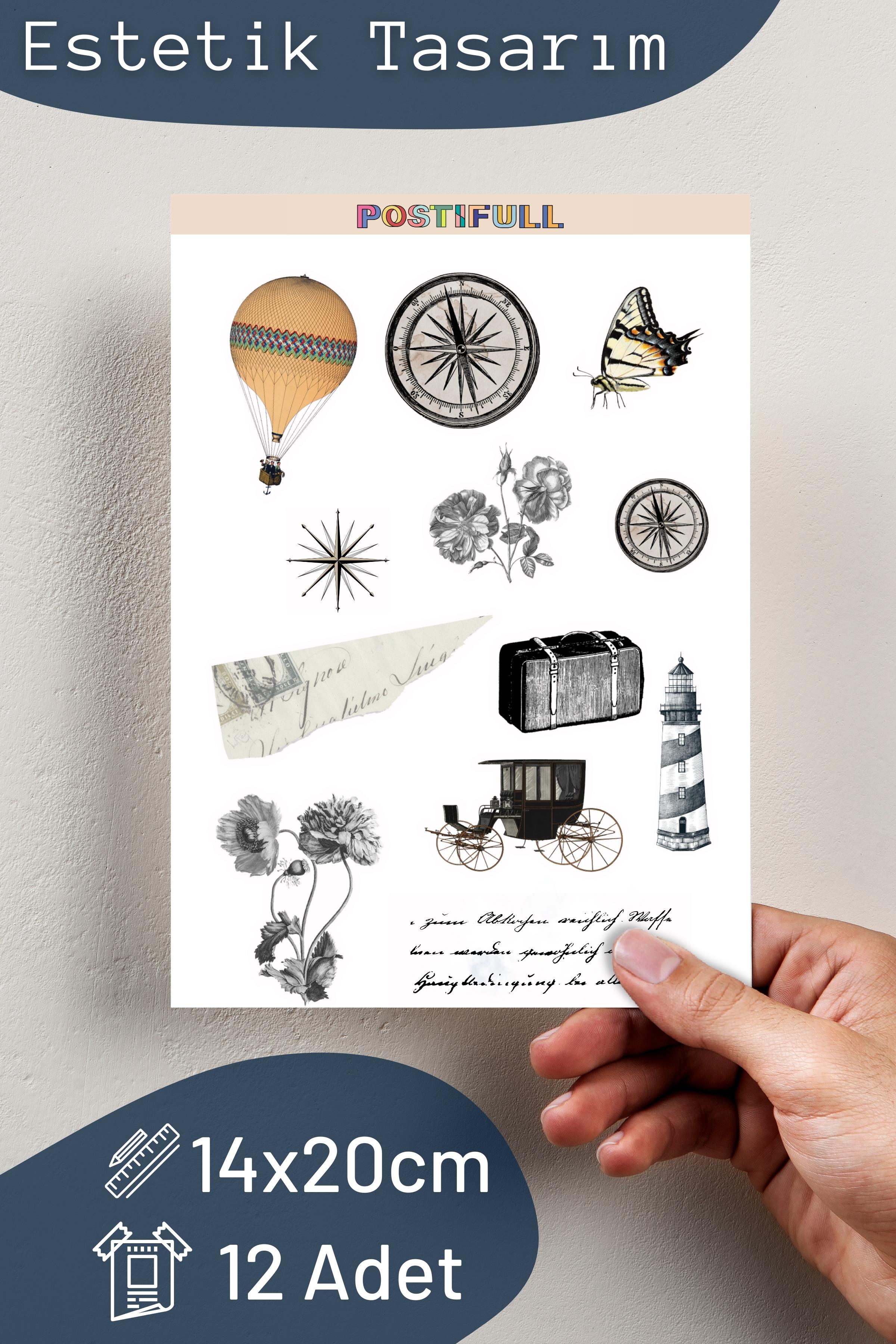 Vintage ve Retro Etiket Seti, 12 Adet Su Geçirmez, Vintage Sticker, Journal, Memopad, Günlük Uyumlu