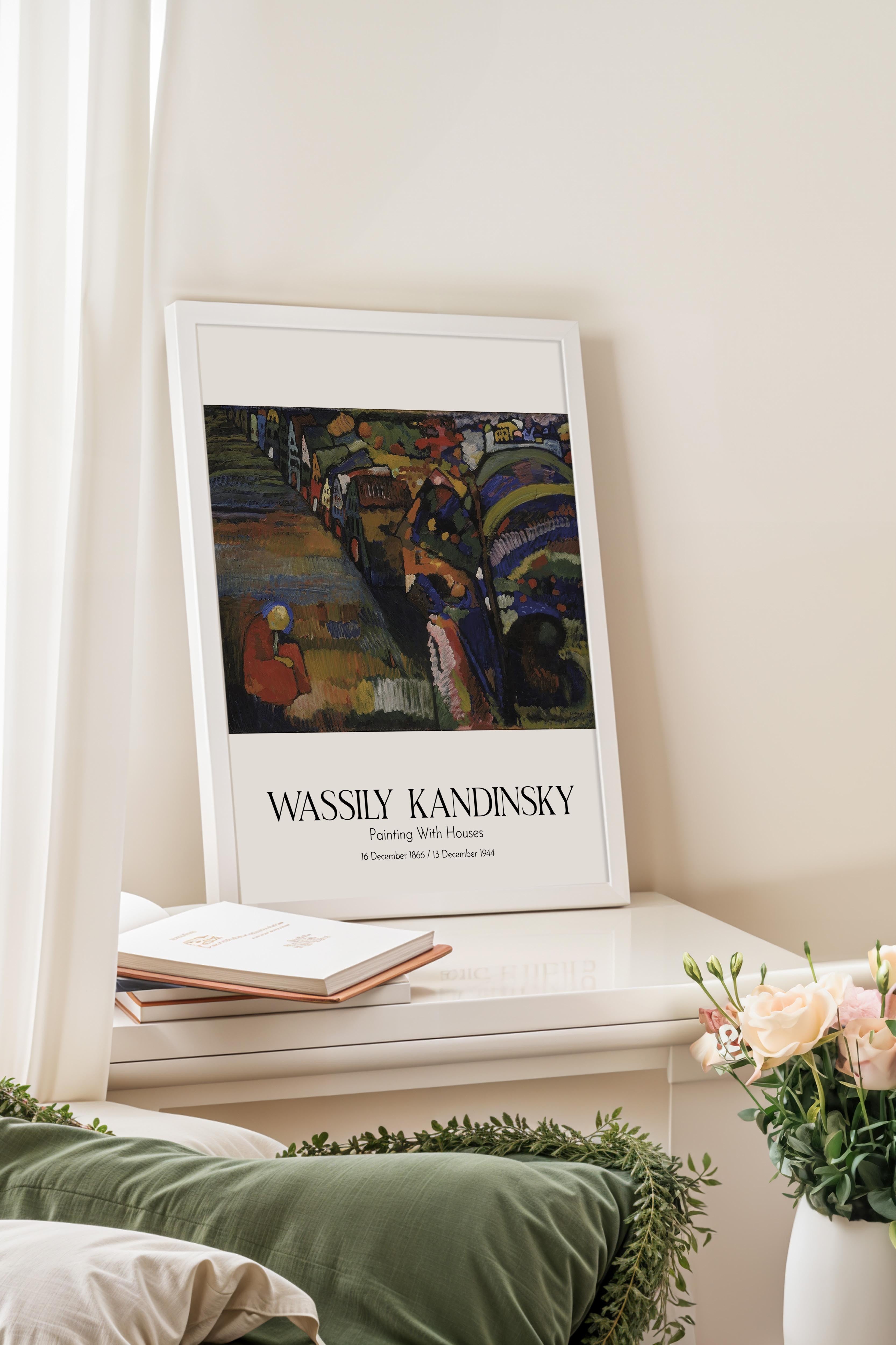Wassily Kandinsky - Painting With Houses, Beyaz Çerçeveli Tablo, Sanat Serisi NO:112432