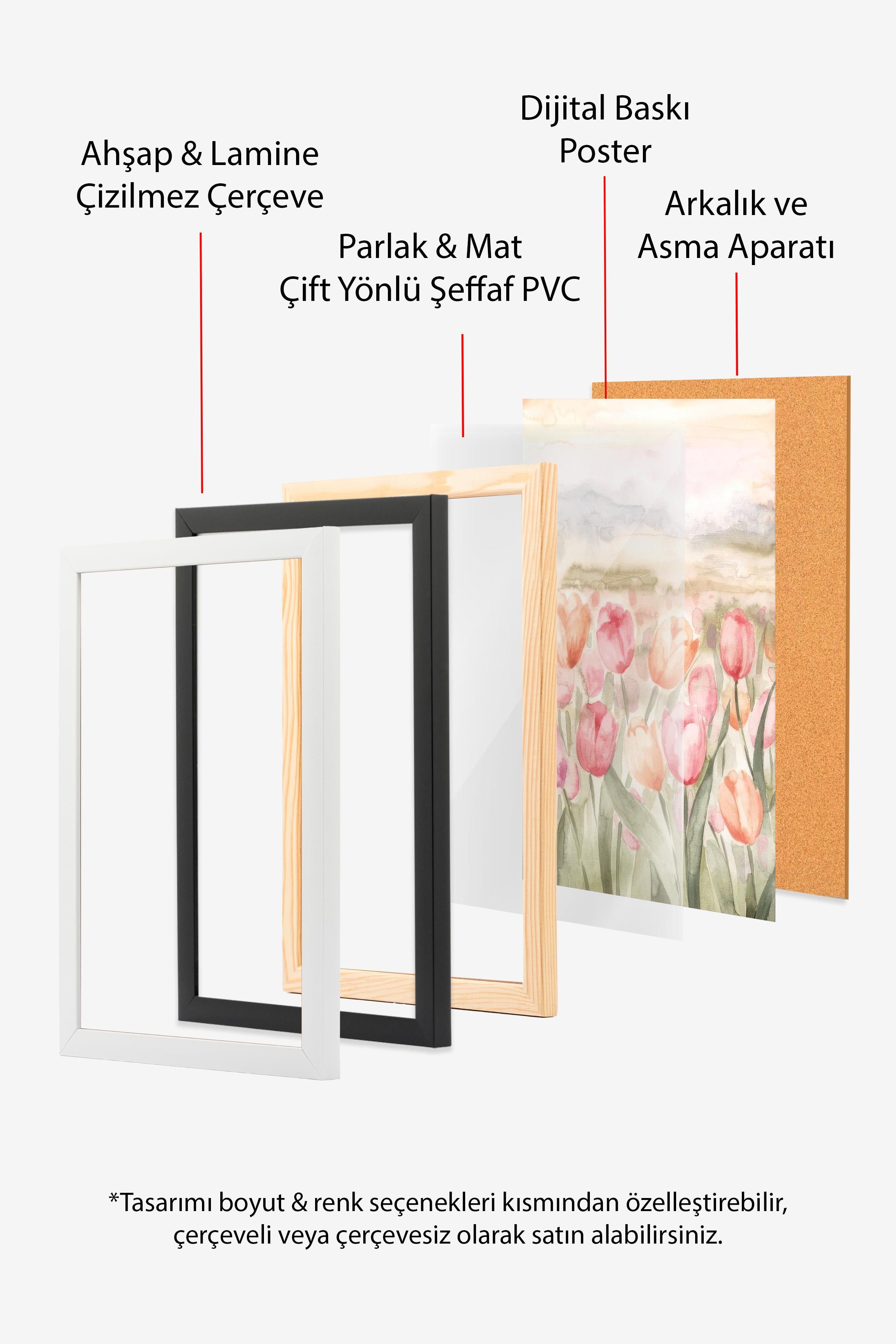 Watercolor Tulips Çerçeveli Tablo, Ahşap Çerçeve ve Poster, Duvar Tablosu Comfort Serisi NO:108543
