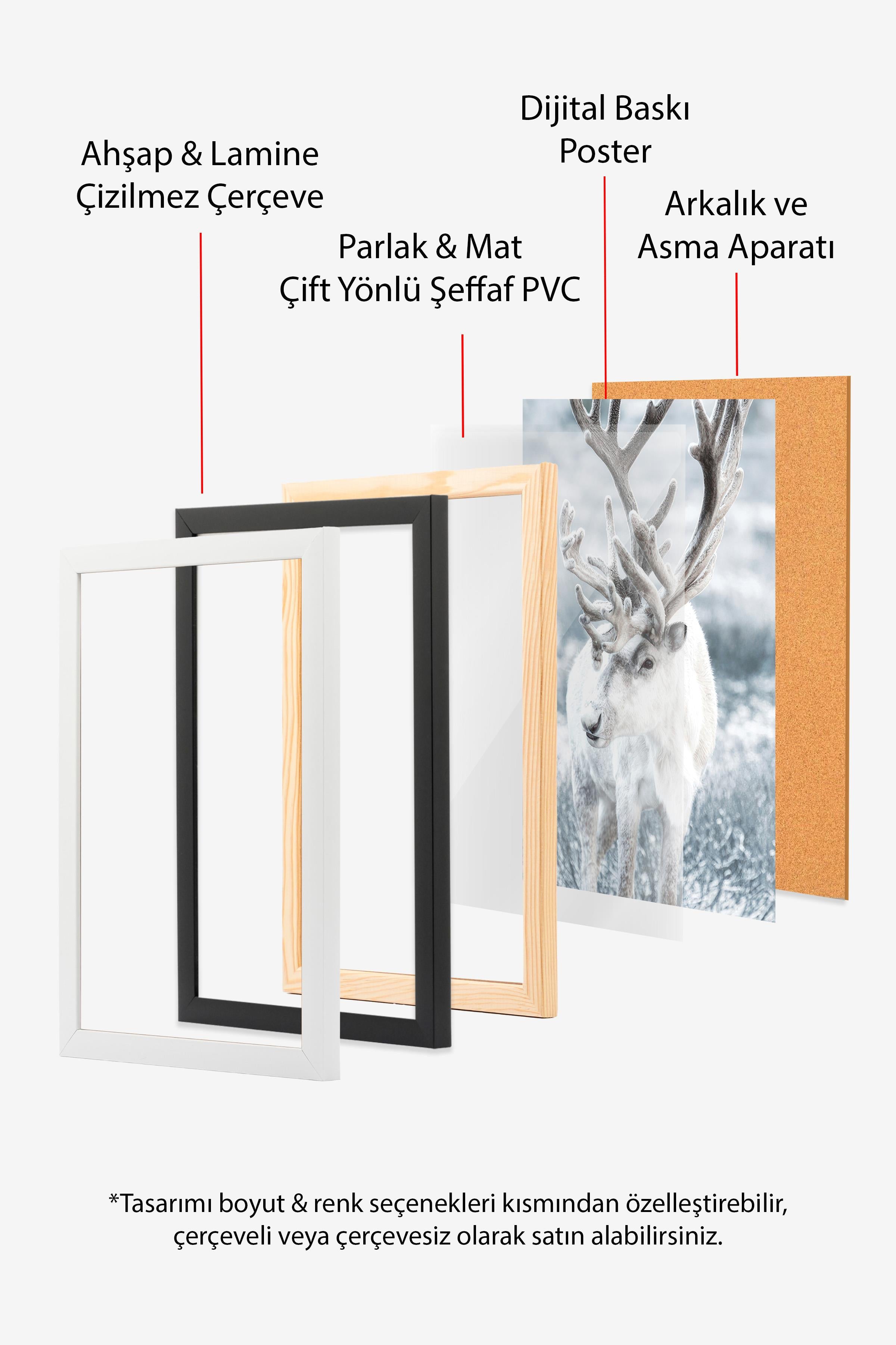 Winter Reindeer Çerçeveli Yılbaşı Tablosu, Siyah Çerçeve ve Poster Comfort Serisi NO:108509