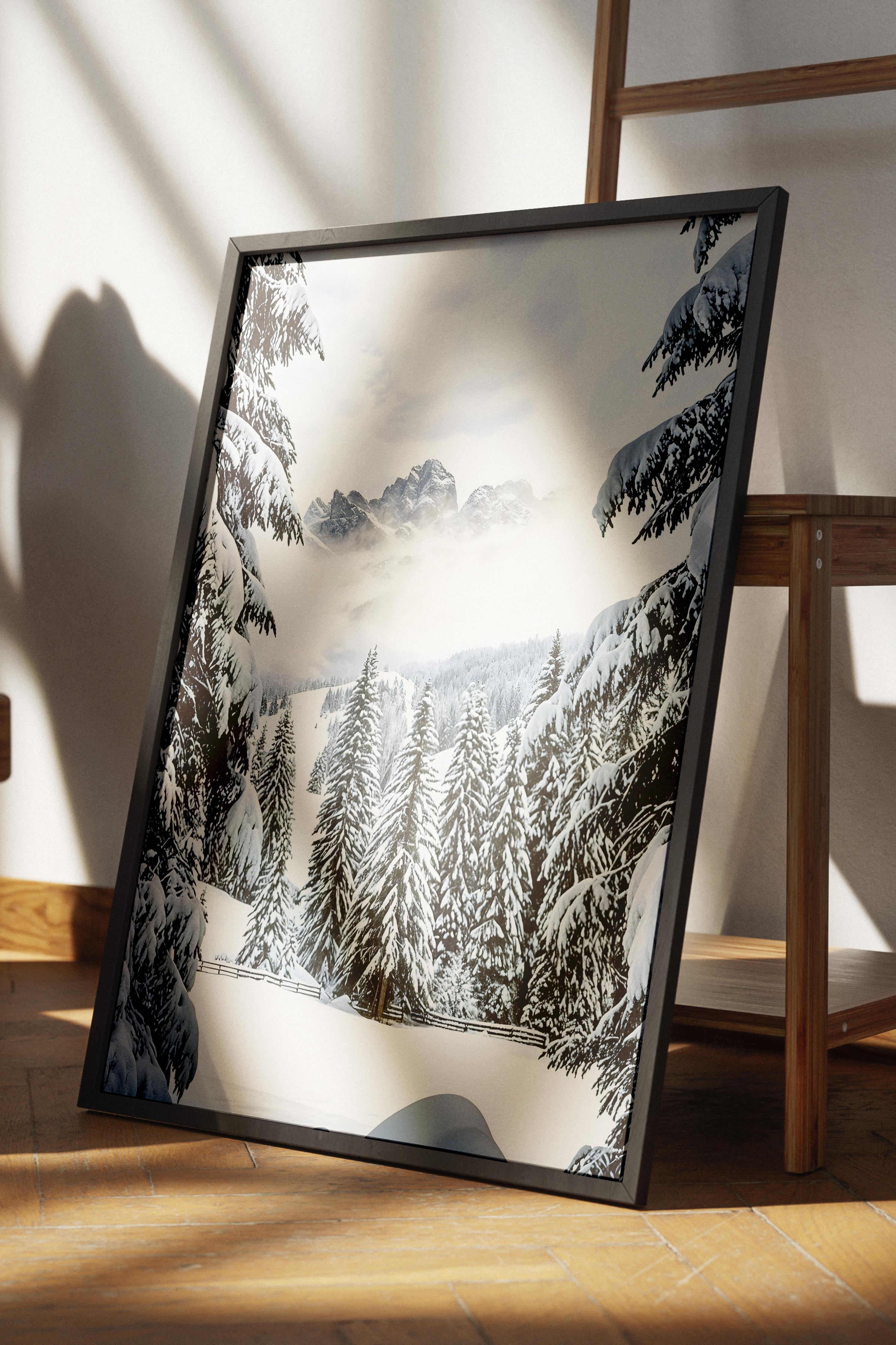 Winter Valley Yılbaşı Tablo, Siyah Çerçeve ve Poster, Dikey Duvar Tablosu Comfort Serisi NO:108412