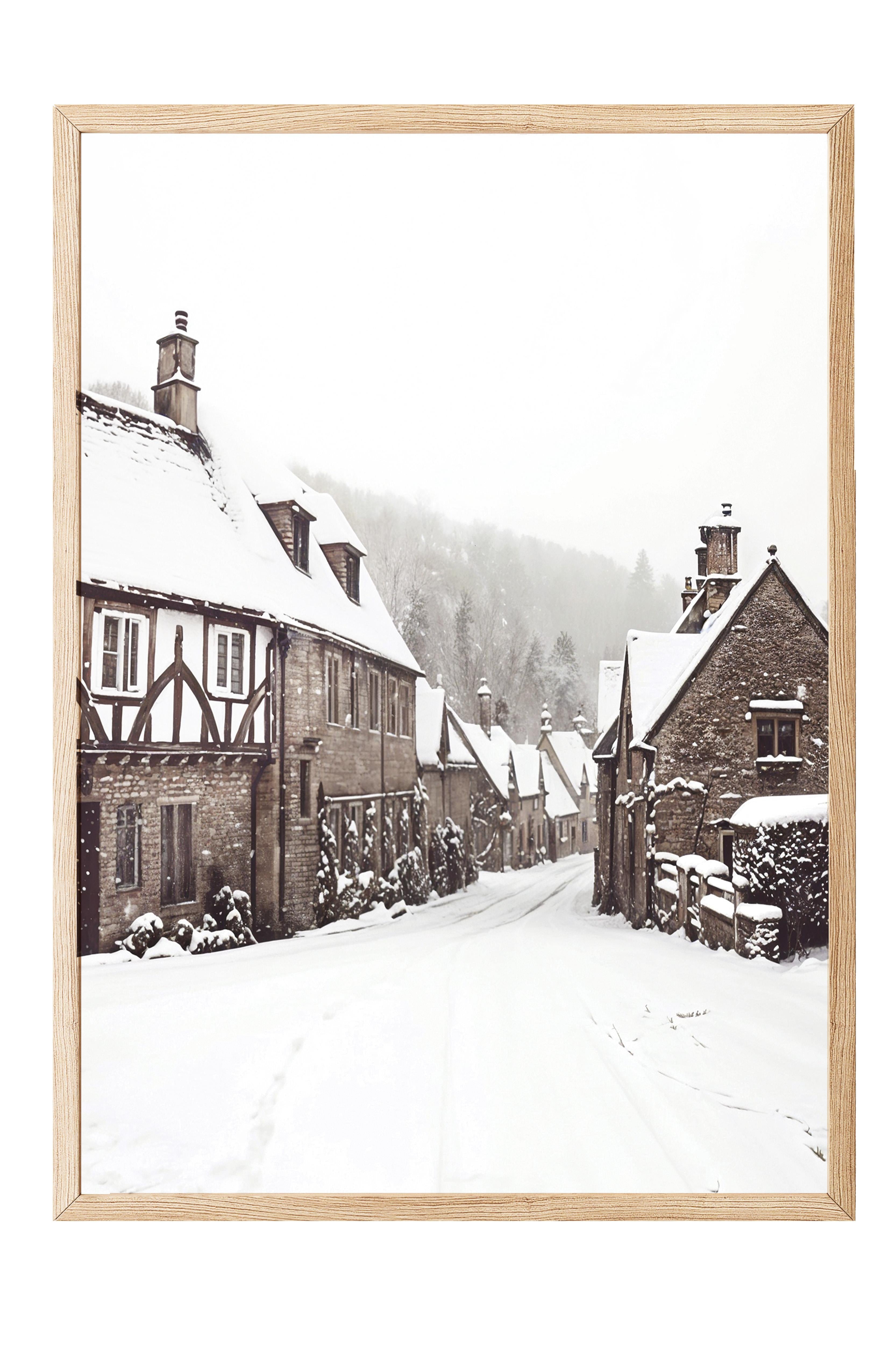 Winter Village Yılbaşı Tablo, Ahşap Çerçeve ve Poster, Duvar Tablosu Comfort Serisi NO:108410