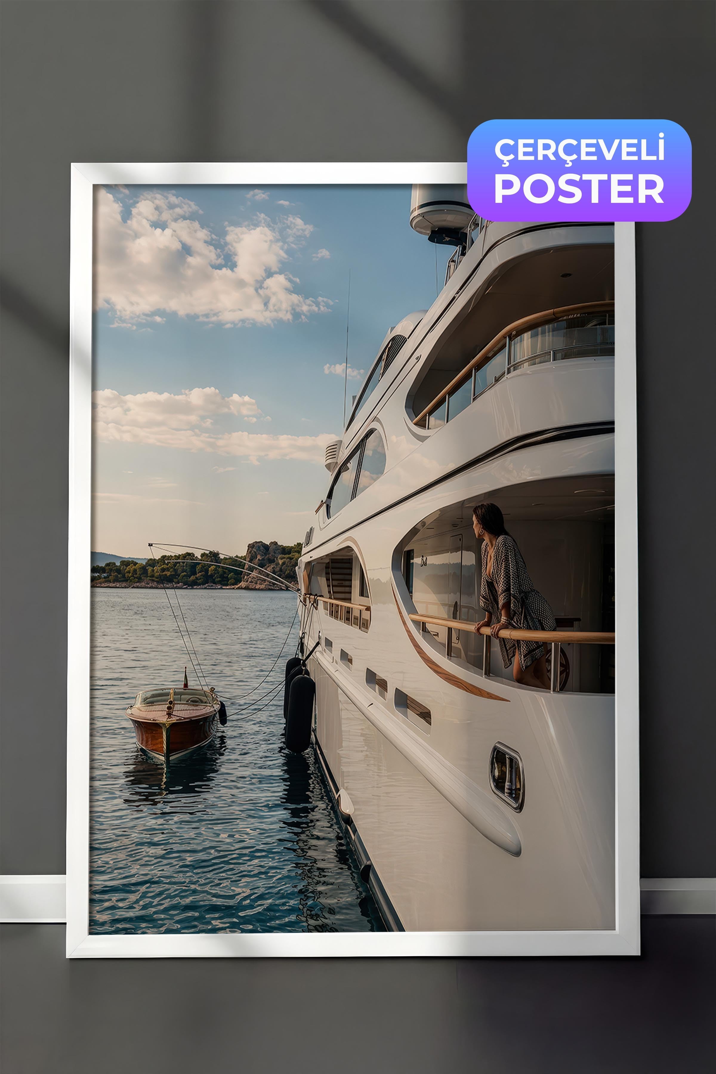 Yat ve Deniz Manzarası Posteri, Beyaz Çerçeveli Poster, Old Money Serisi, NO:113162