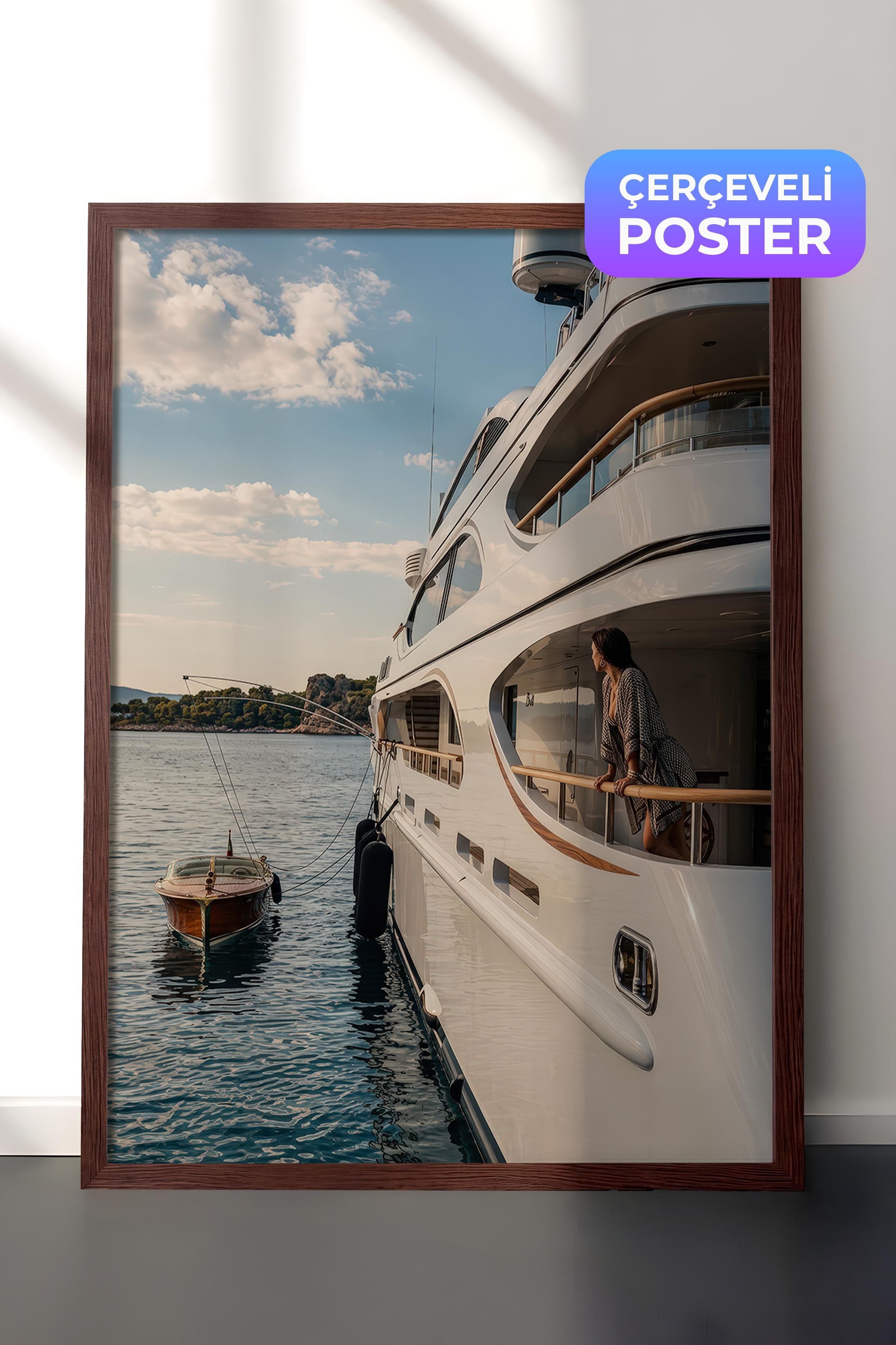 Yat ve Deniz Manzarası Posteri, Kahverengi Çerçeveli Poster, Old Money Serisi, NO:113162