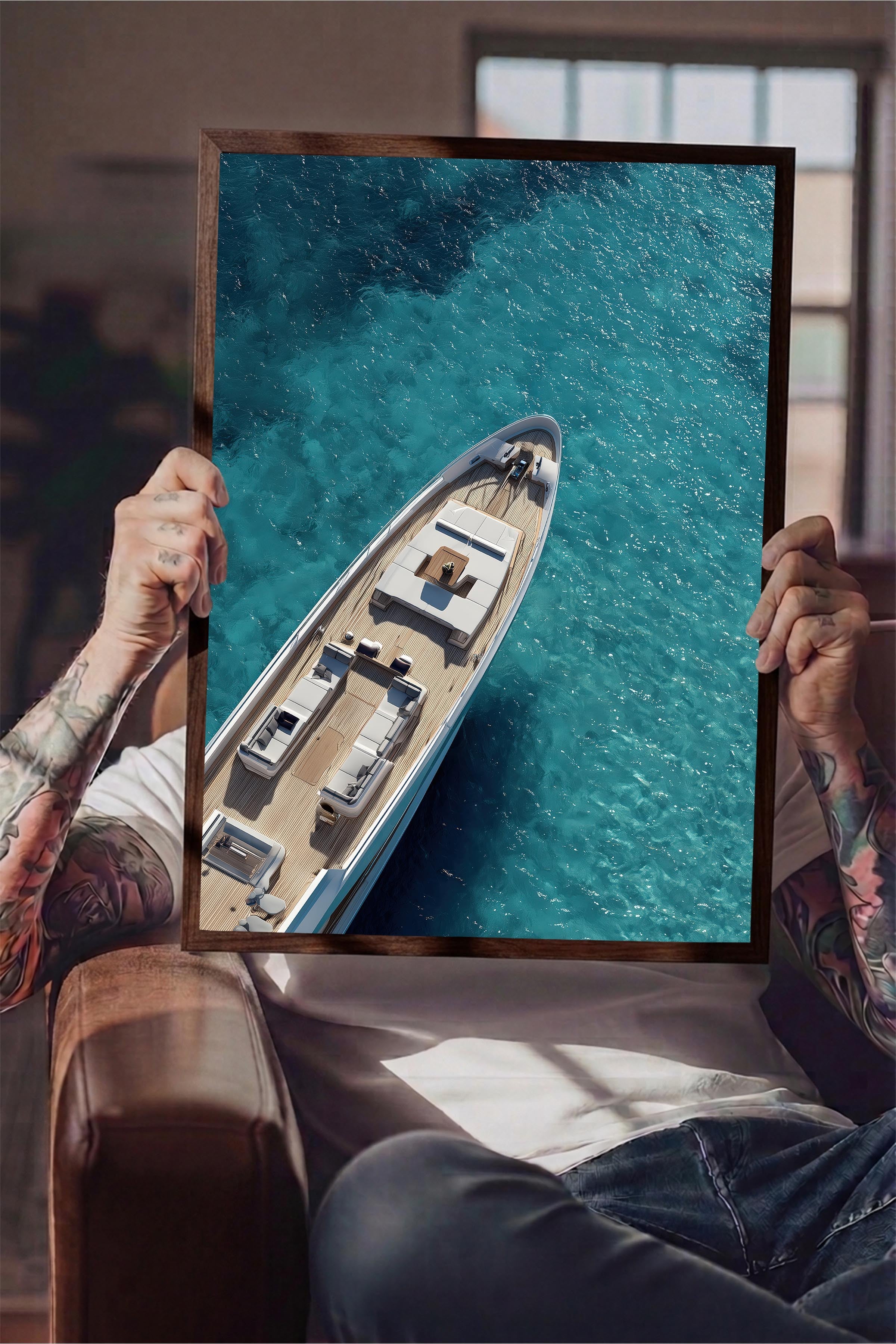 Yat ve Deniz Posteri, Kahverengi Çerçeveli Poster, Old Money Serisi, NO:113242