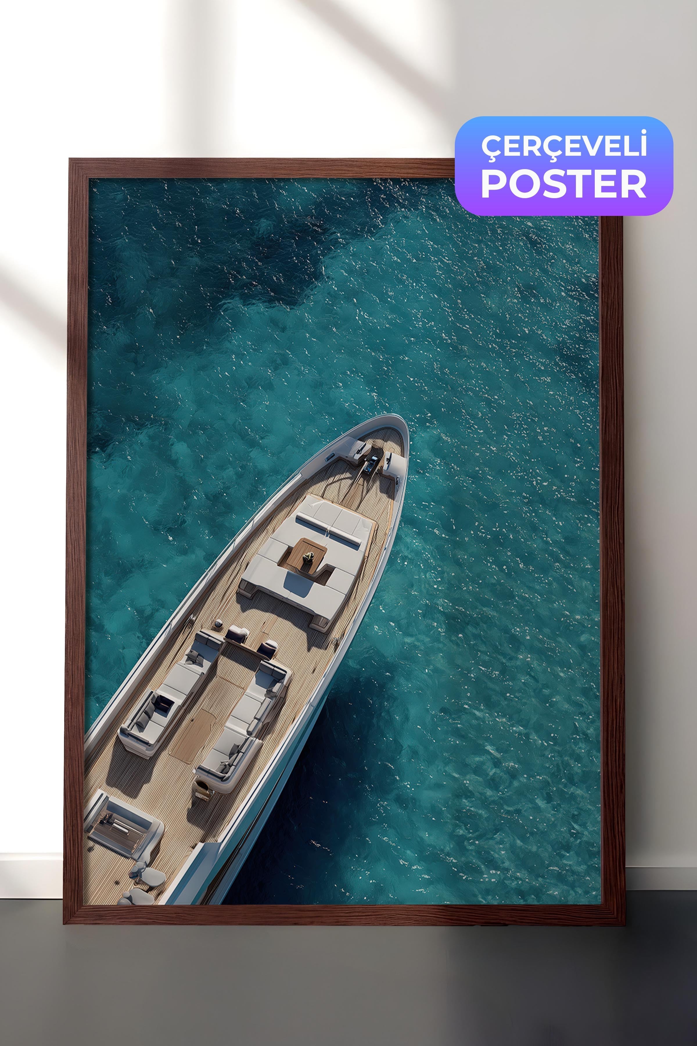 Yat ve Deniz Posteri, Kahverengi Çerçeveli Poster, Old Money Serisi, NO:113242