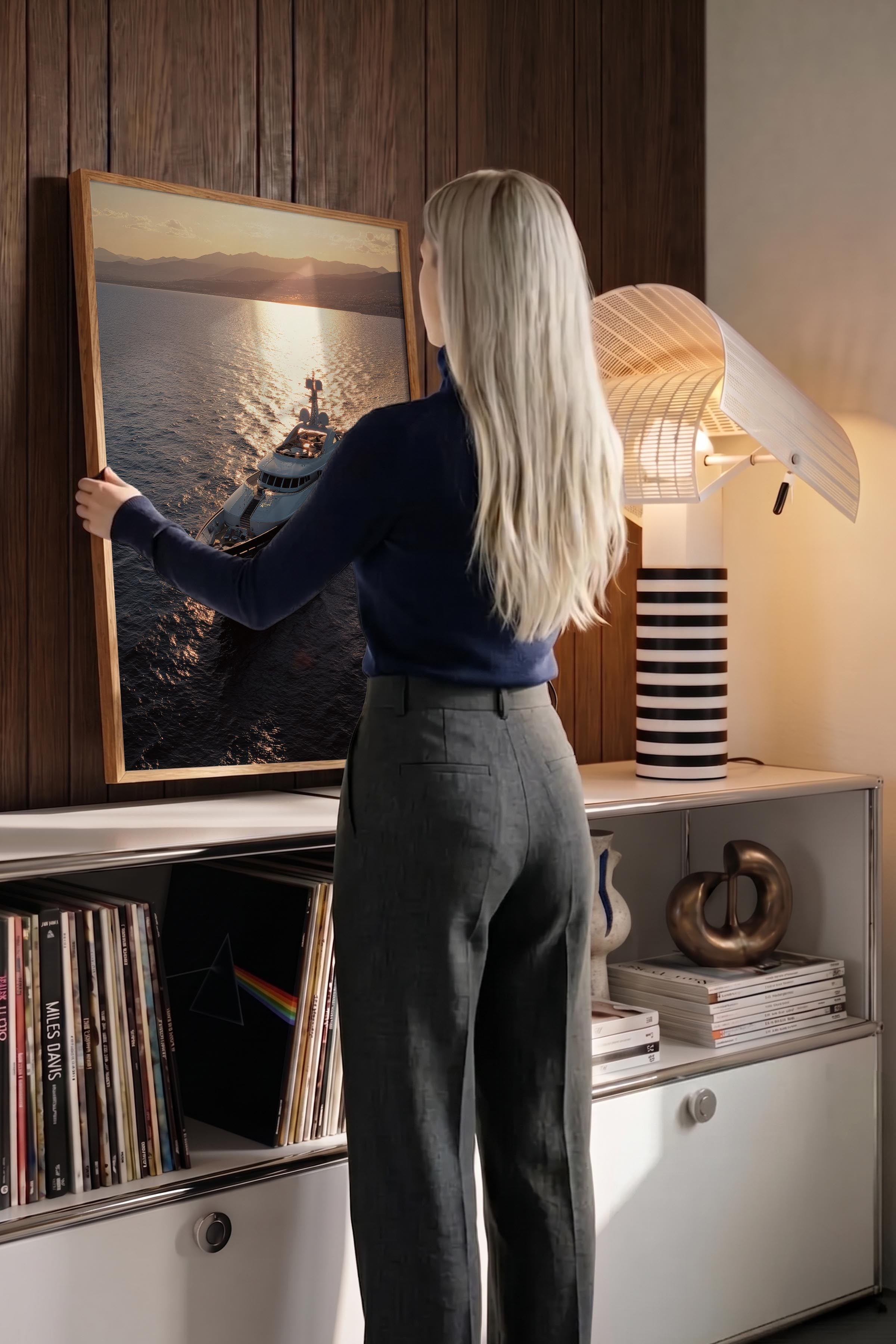 Yat ve Gün Batımı Posteri, Ahşap Çerçeveli Poster, Old Money Serisi, NO:113221