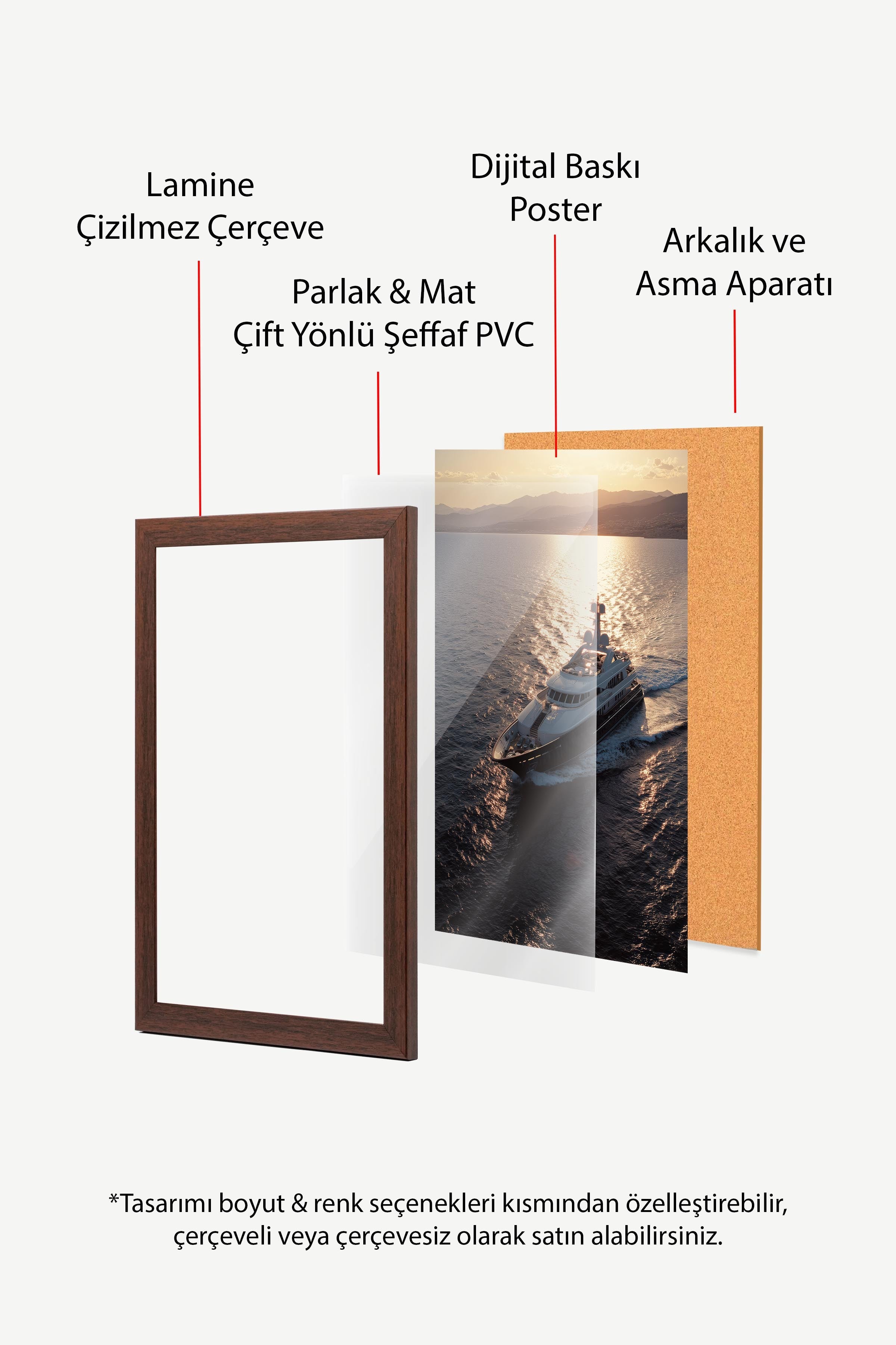 Yat ve Gün Batımı Posteri, Kahverengi Çerçeveli Poster, Old Money Serisi, NO:113221