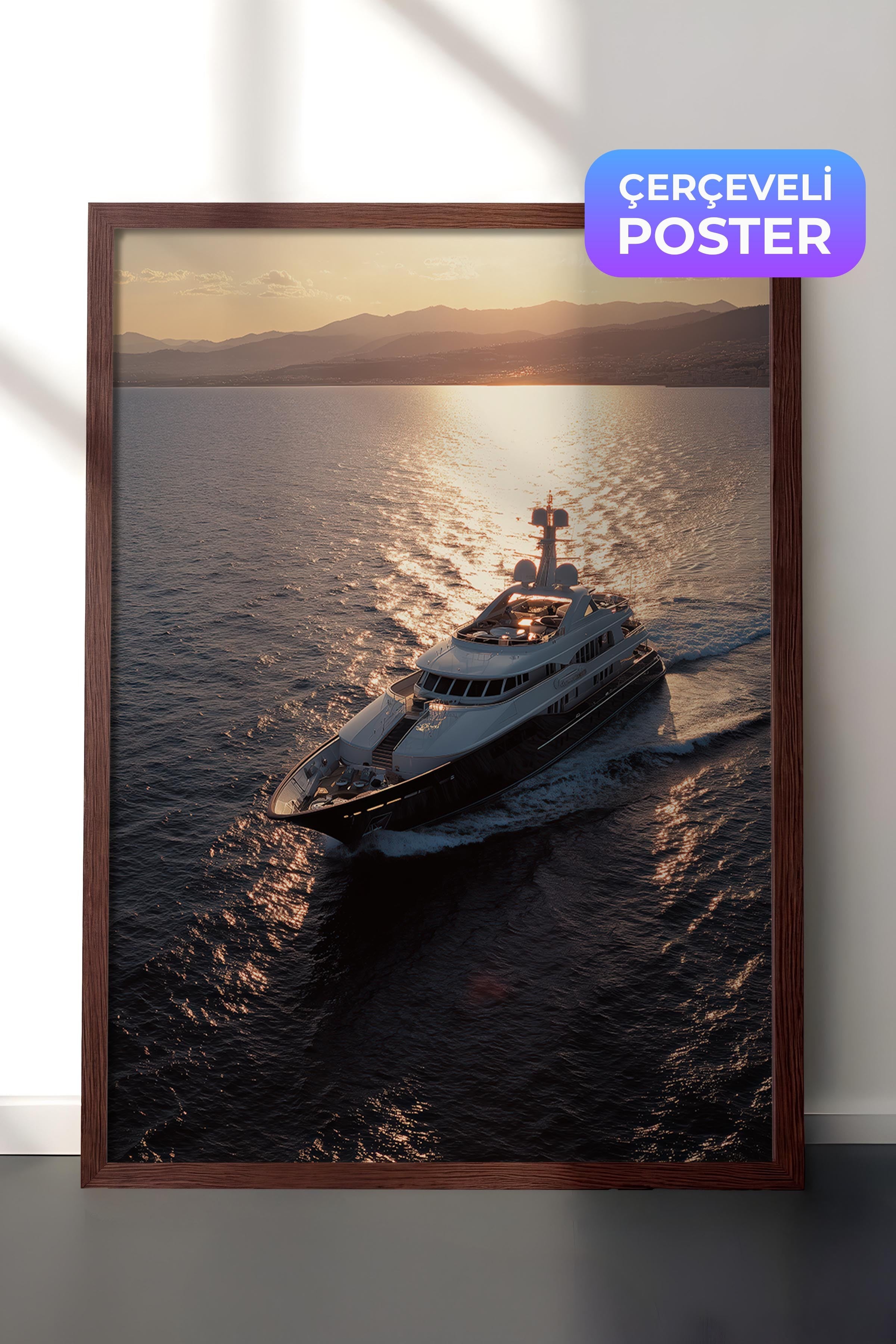 Yat ve Gün Batımı Posteri, Kahverengi Çerçeveli Poster, Old Money Serisi, NO:113221
