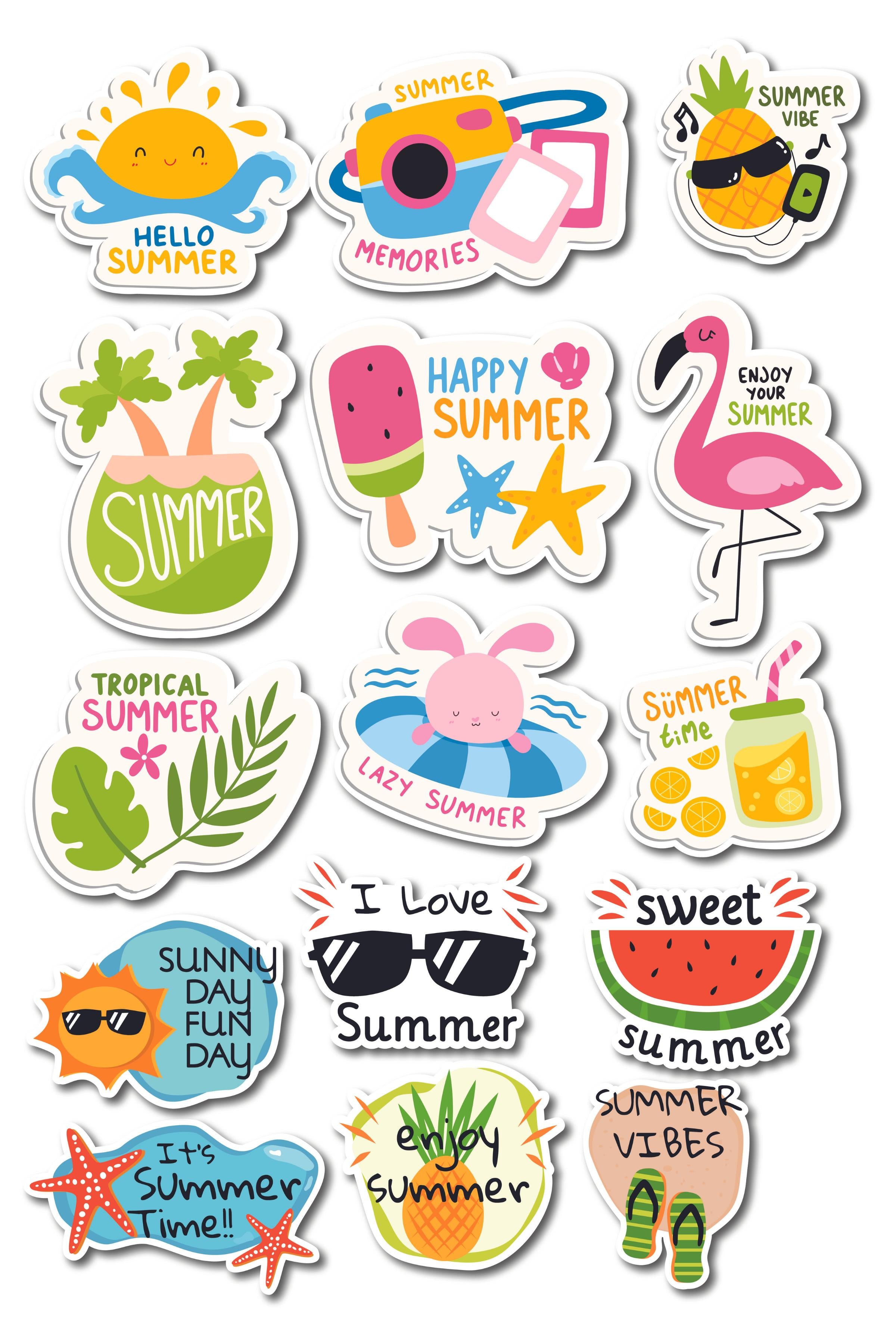 Yaz Temalı Sticker ve Etiket Seti - Orta Boy - Su Geçirmez, Kalın Yapışkanlı Sticker Seti