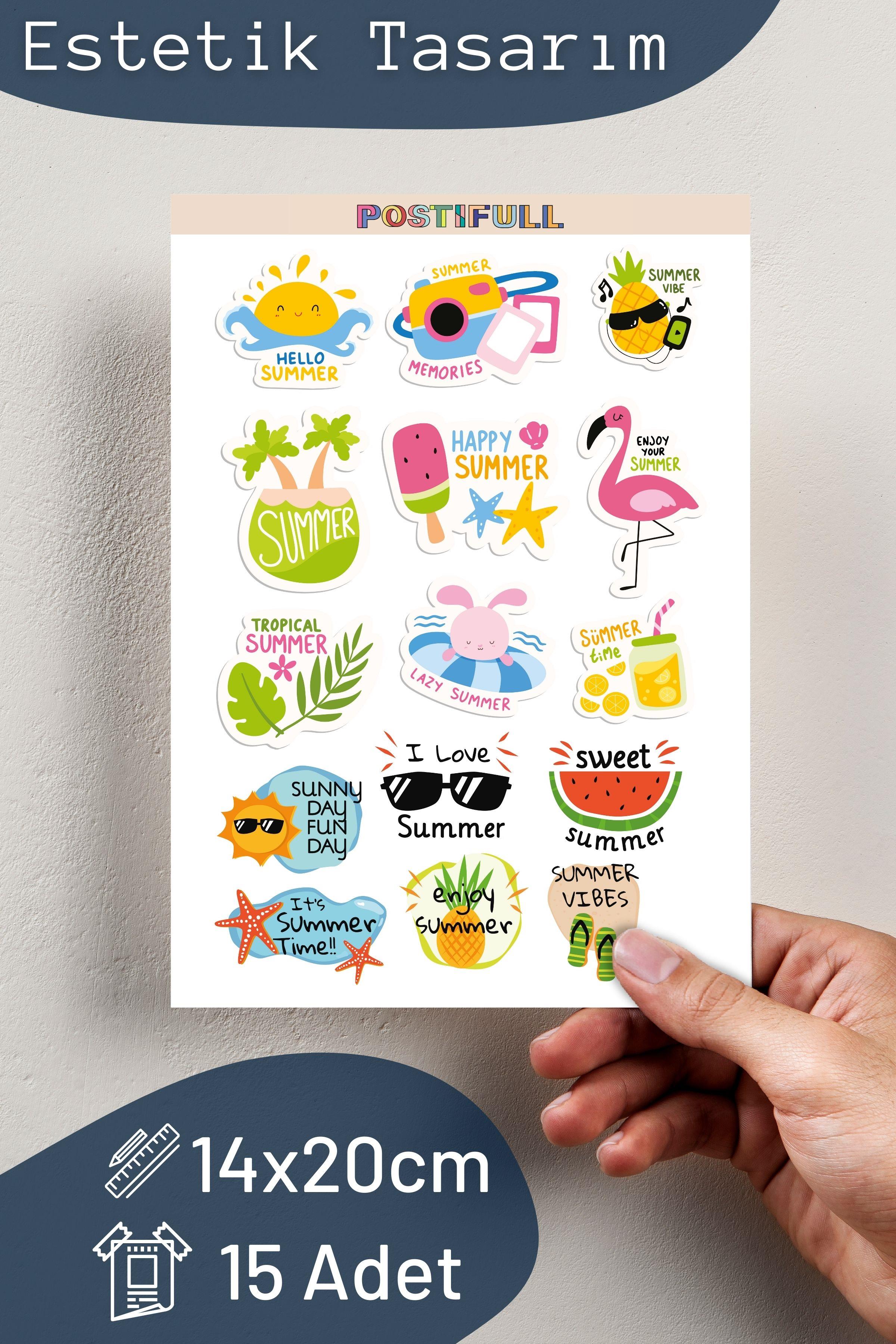 Yaz Temalı Sticker ve Etiket Seti - Orta Boy - Su Geçirmez, Kalın Yapışkanlı Sticker Seti