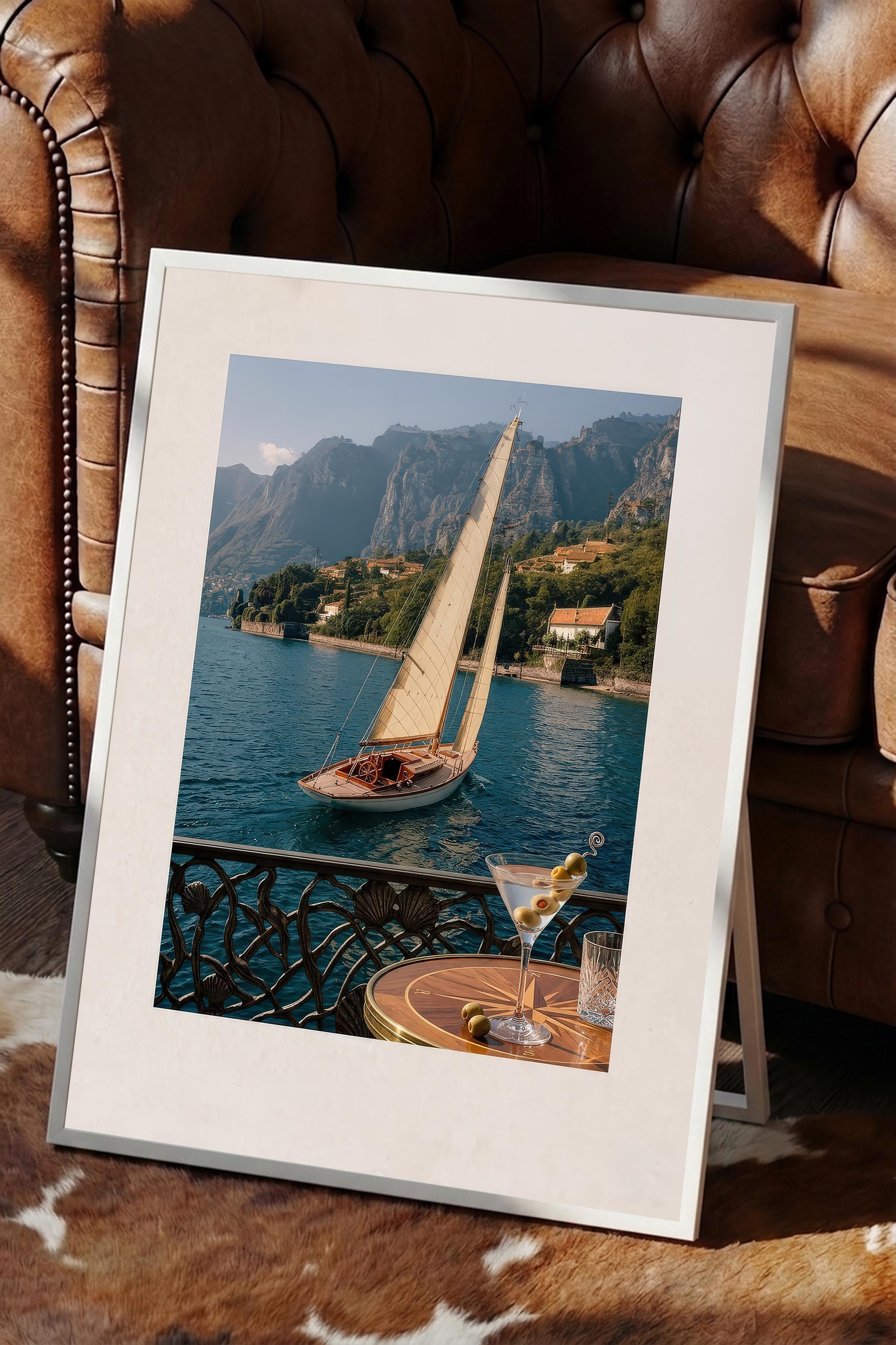 Yelkenli ve Deniz Manzarası Posteri, Beyaz Çerçeveli Poster, Old Money Serisi, NO:113140
