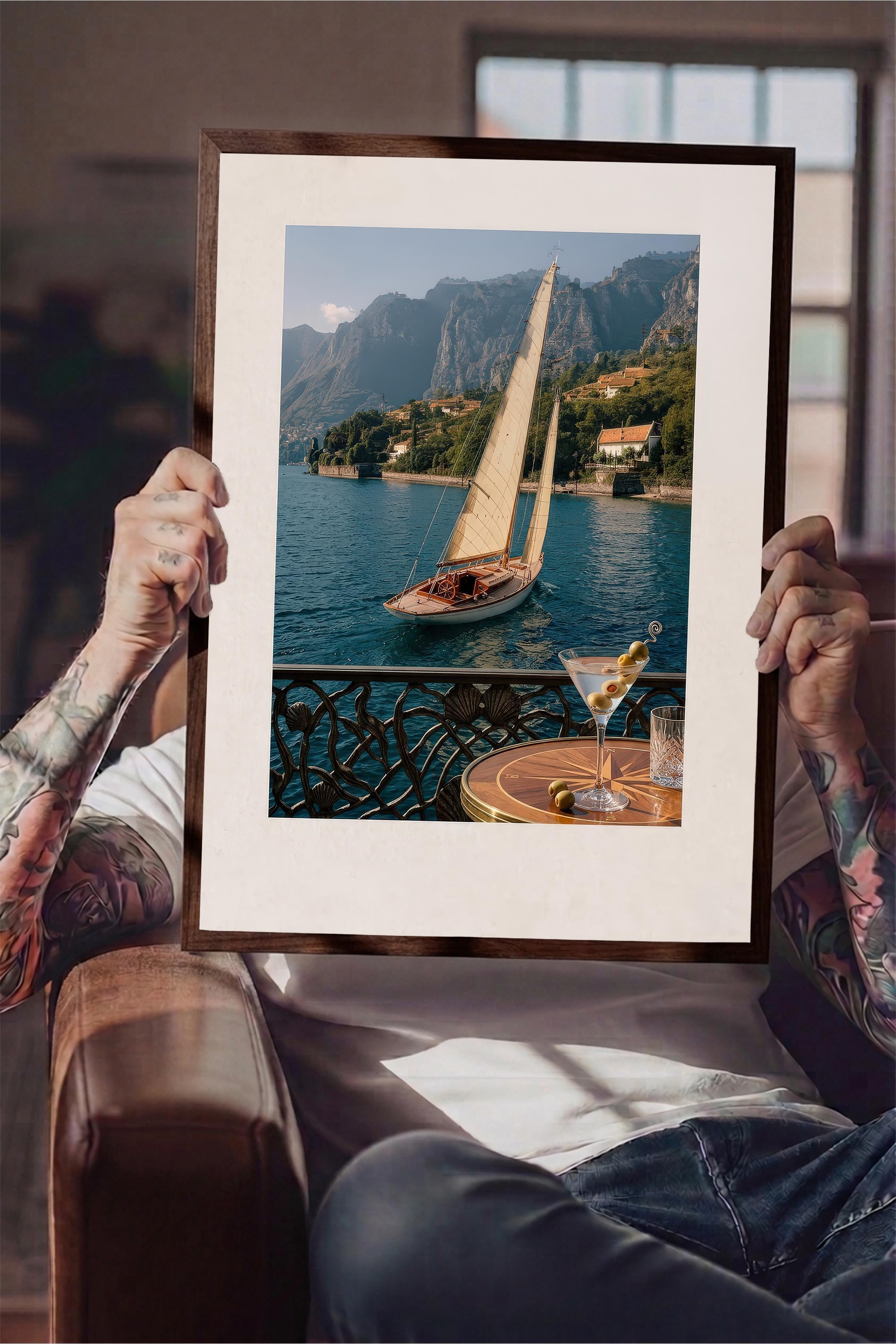 Yelkenli ve Deniz Manzarası Posteri, Kahverengi Çerçeveli Poster, Old Money Serisi, NO:113140