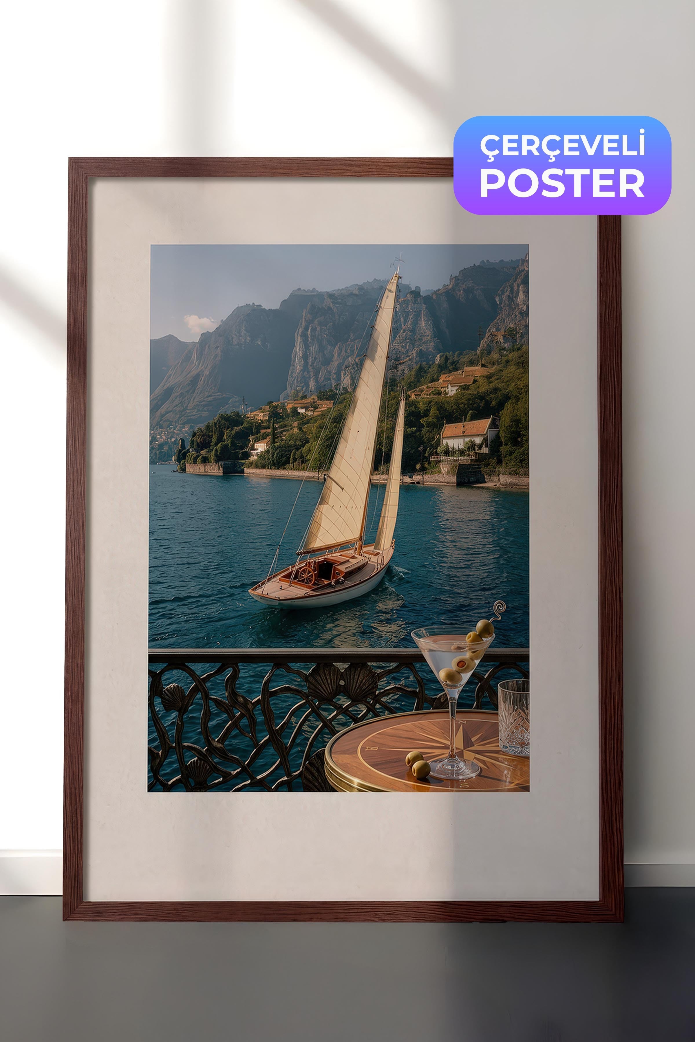 Yelkenli ve Deniz Manzarası Posteri, Kahverengi Çerçeveli Poster, Old Money Serisi, NO:113140