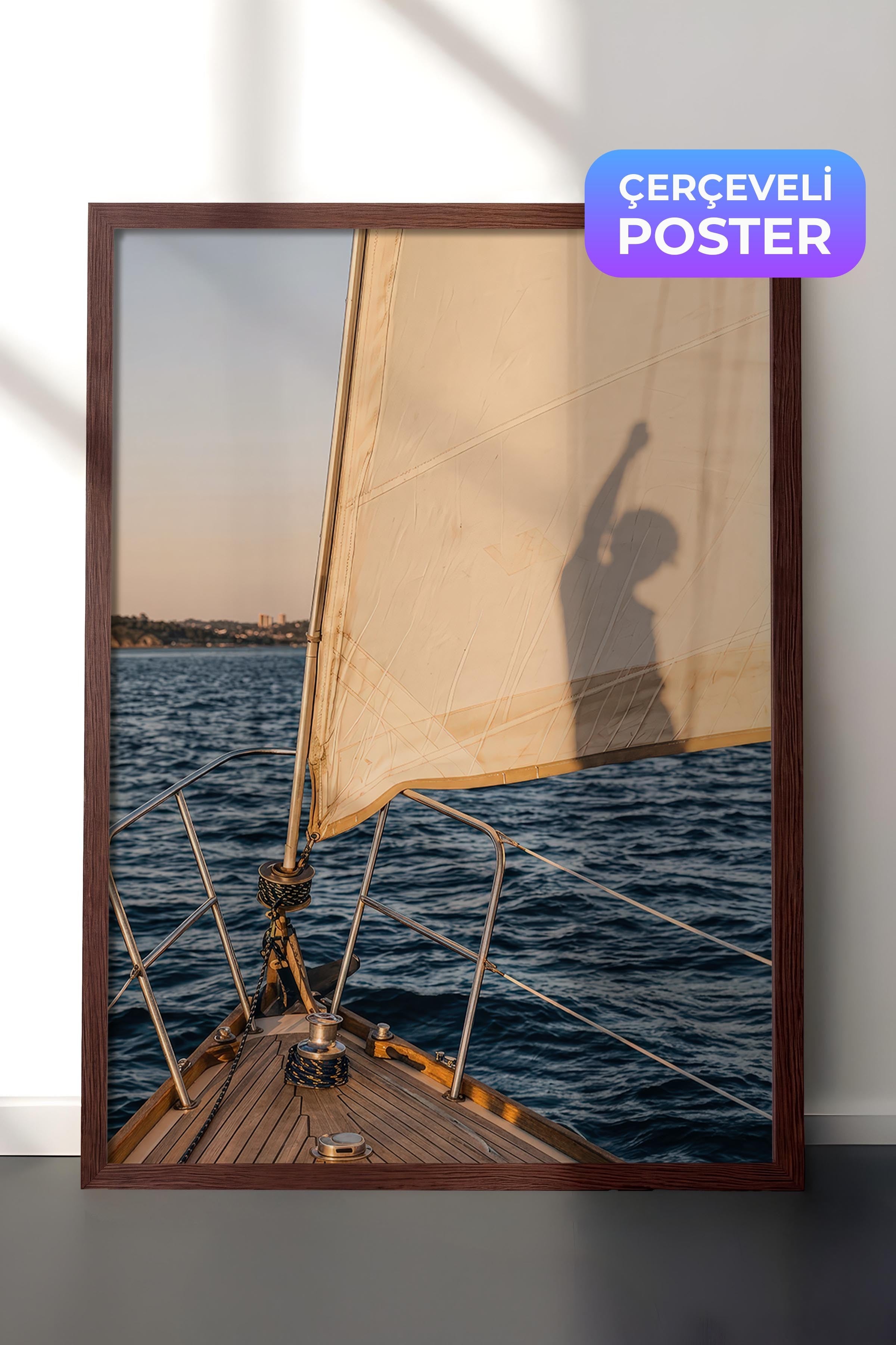 Yelkenli ve Deniz Posteri, Kahverengi Çerçeveli Poster, Old Money Serisi, NO:113171