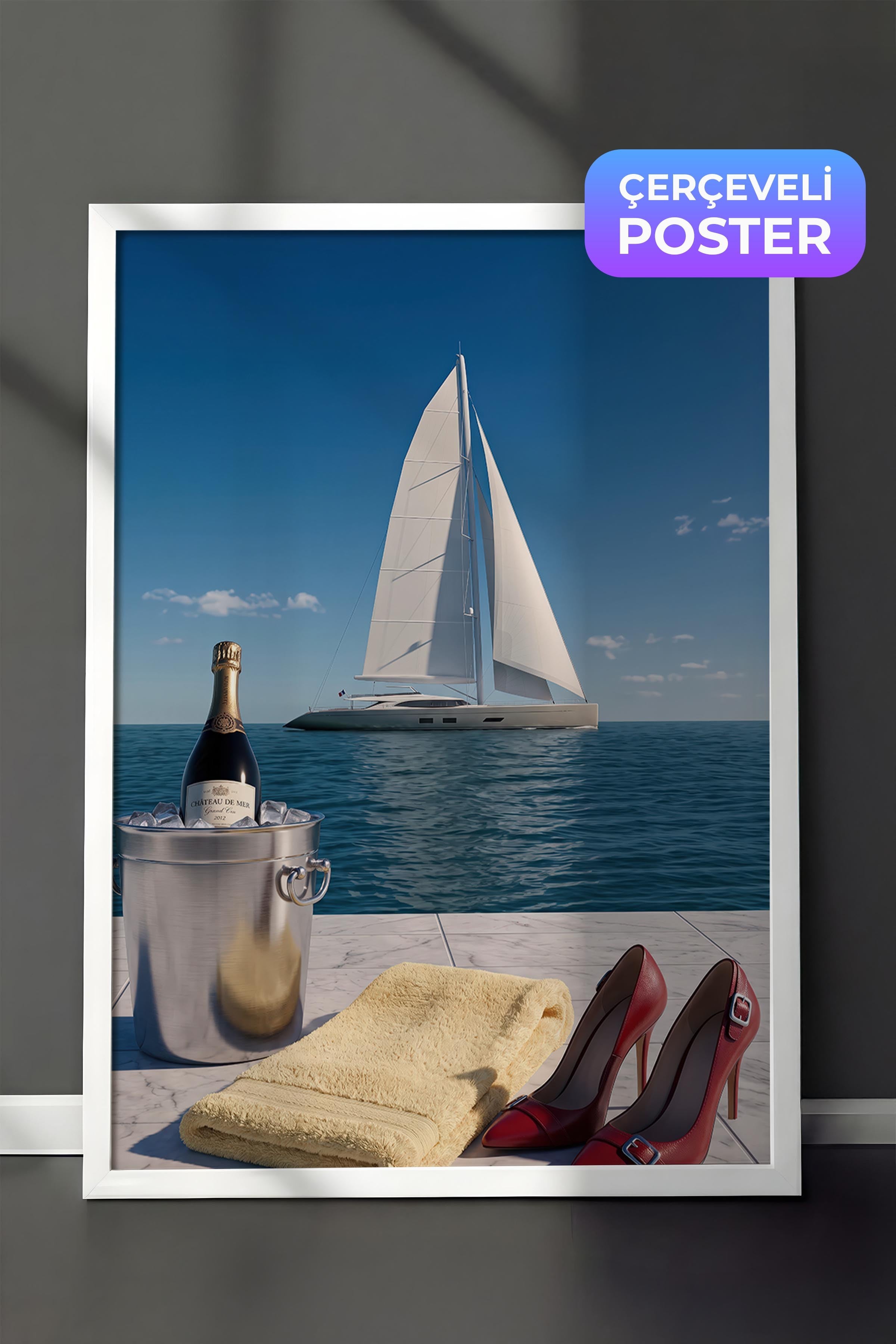 Yelkenli ve Şampanya Posteri, Beyaz Çerçeveli Poster, Old Money Serisi, NO:113146