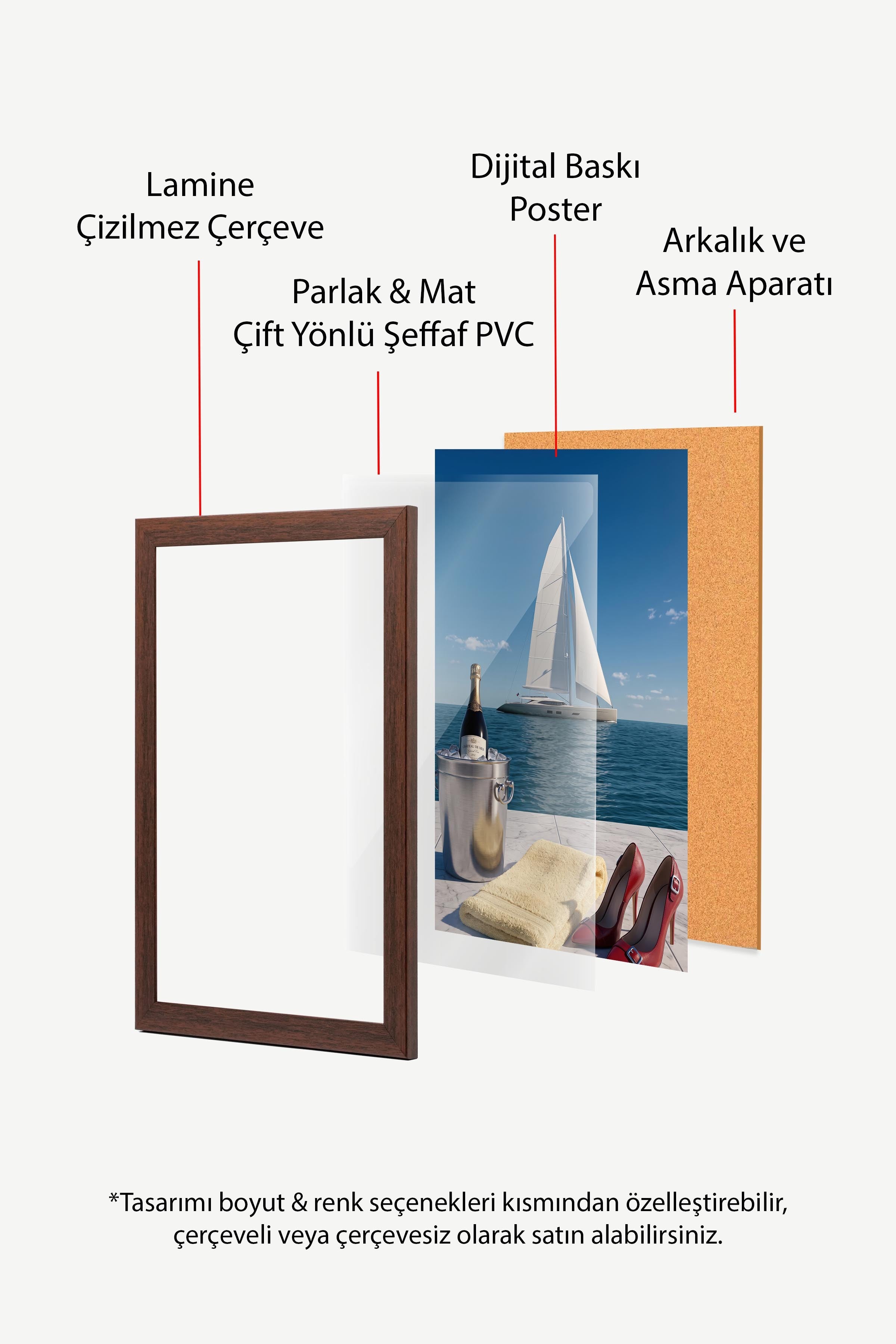 Yelkenli ve Şampanya Posteri, Kahverengi Çerçeveli Poster, Old Money Serisi, NO:113146
