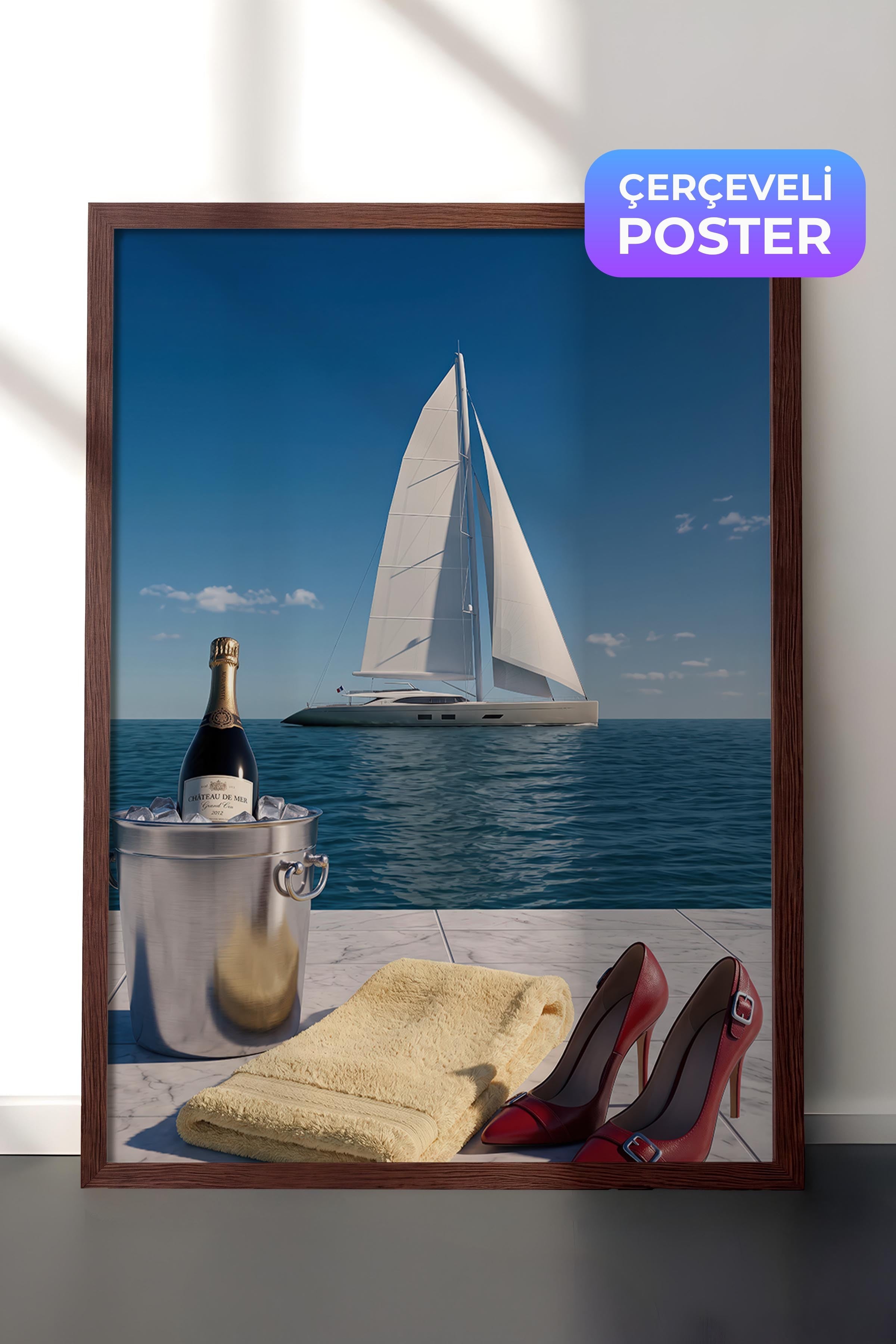 Yelkenli ve Şampanya Posteri, Kahverengi Çerçeveli Poster, Old Money Serisi, NO:113146