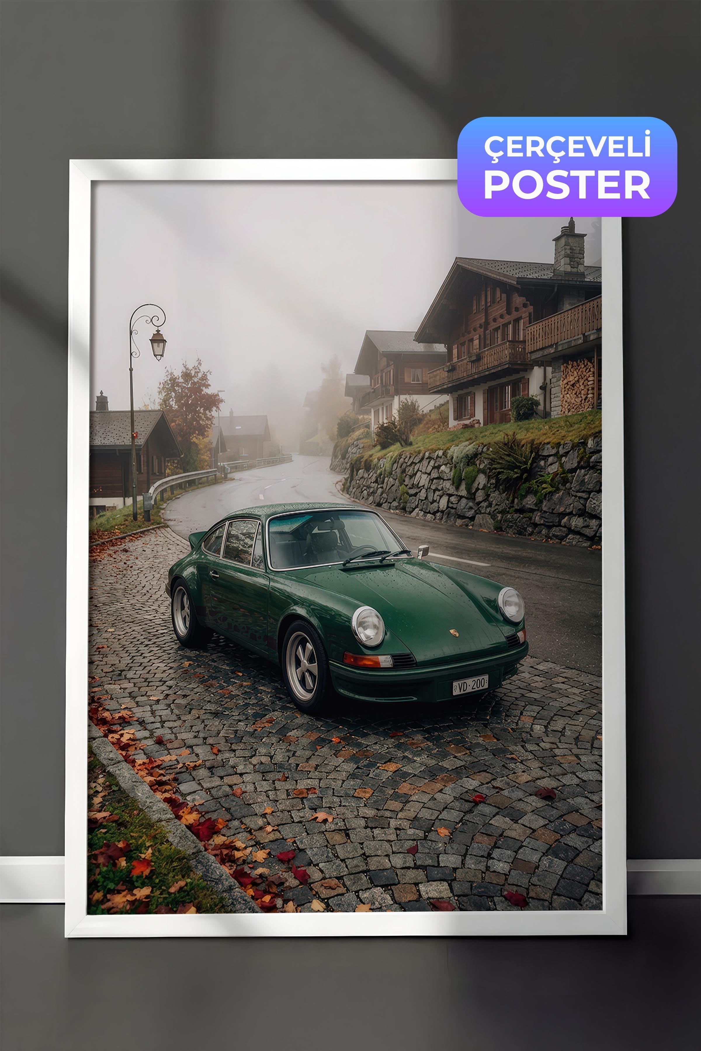 Yeşil Klasik Araba Posteri, Beyaz Çerçeveli Poster, Old Money Serisi, NO:113127